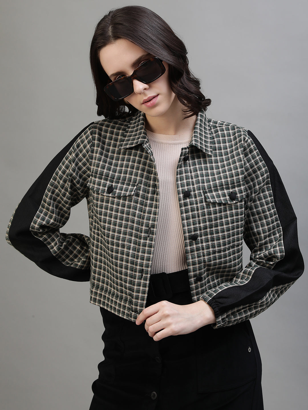 Iconic Women Multicolor Checked Spread Collar Full Sleeves Jacket