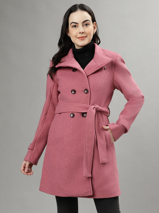 Iconic Women Pink Solid Spread Collar Full Sleeves Overcoat