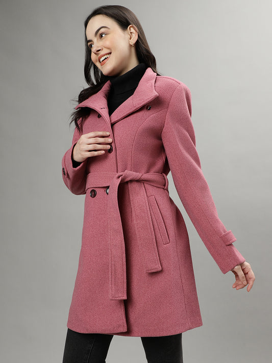 Iconic Women Pink Solid Spread Collar Full Sleeves Overcoat