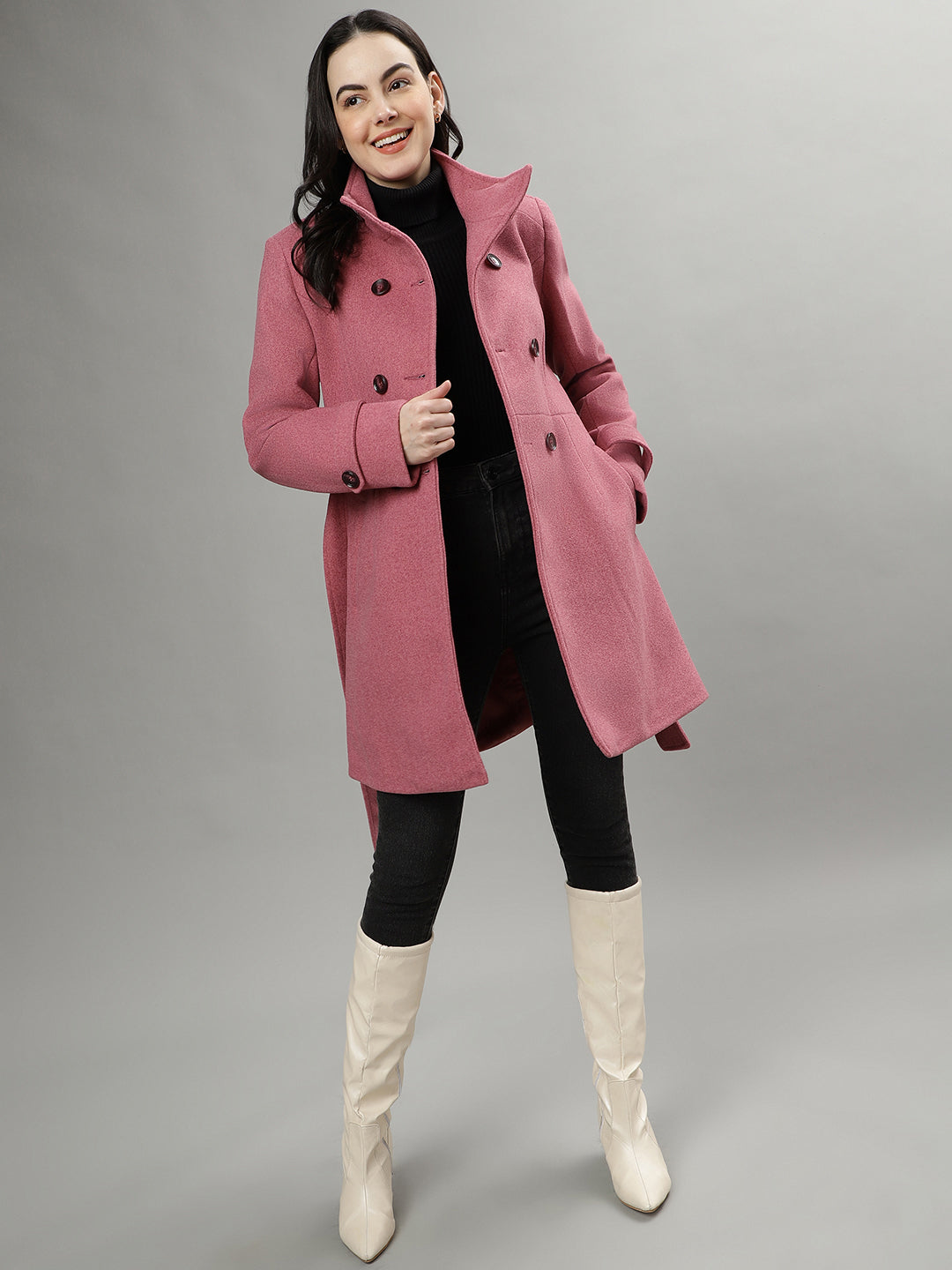 Iconic Women Pink Solid Spread Collar Full Sleeves Overcoat