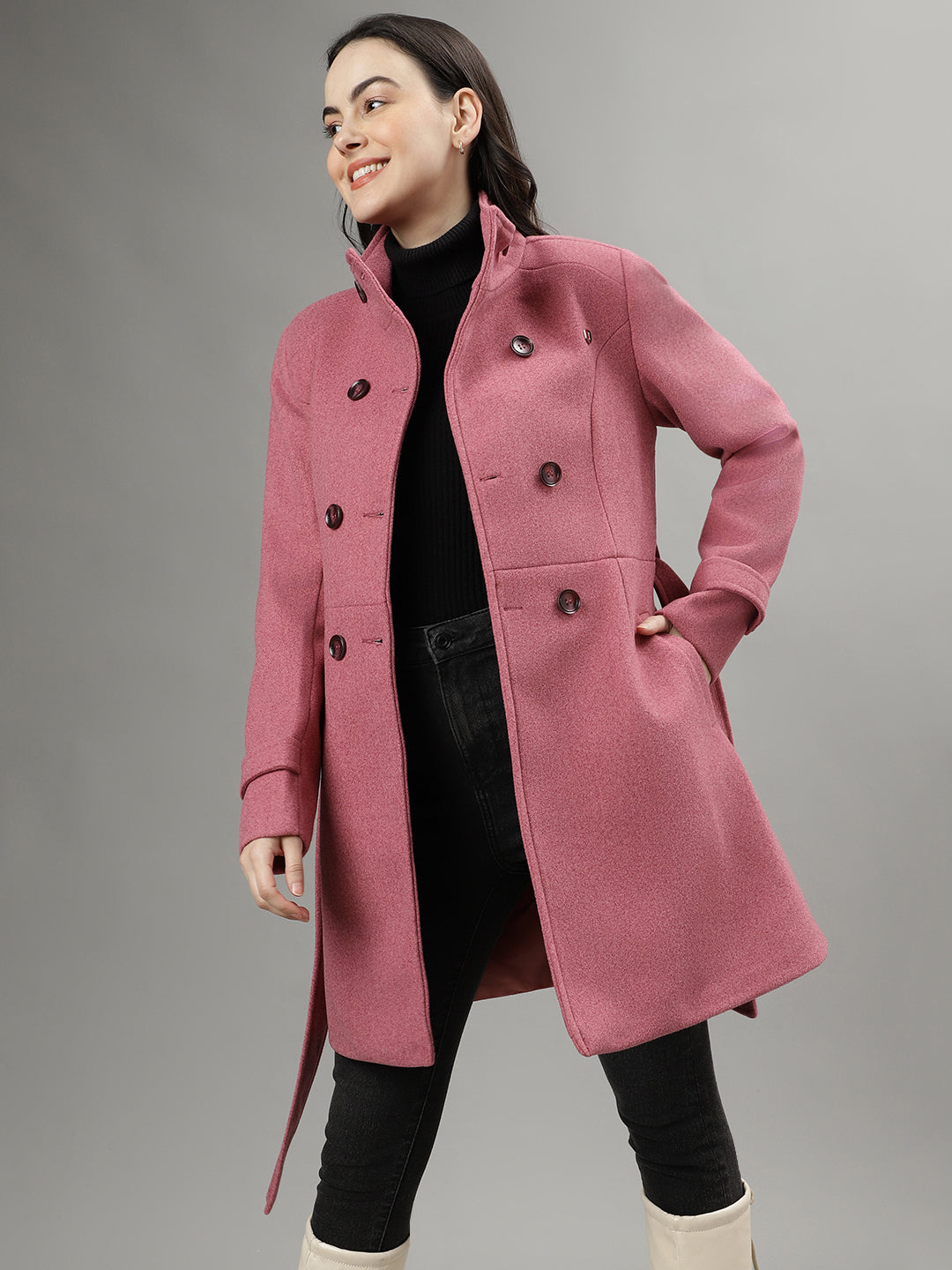 Iconic Women Pink Solid Spread Collar Full Sleeves Overcoat