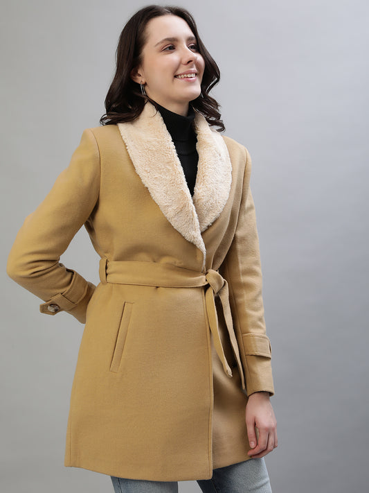 Iconic Women Beige Solid Shawl Collar Full Sleeves Coat