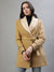 Iconic Women Beige Solid Shawl Collar Full Sleeves Coat