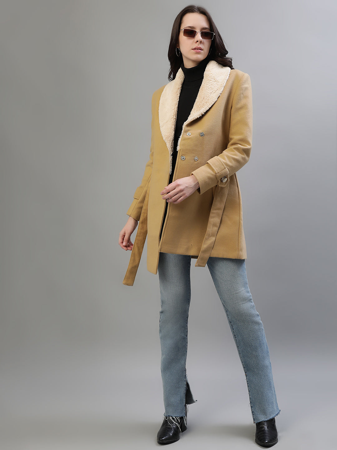 Iconic Women Beige Solid Shawl Collar Full Sleeves Coat