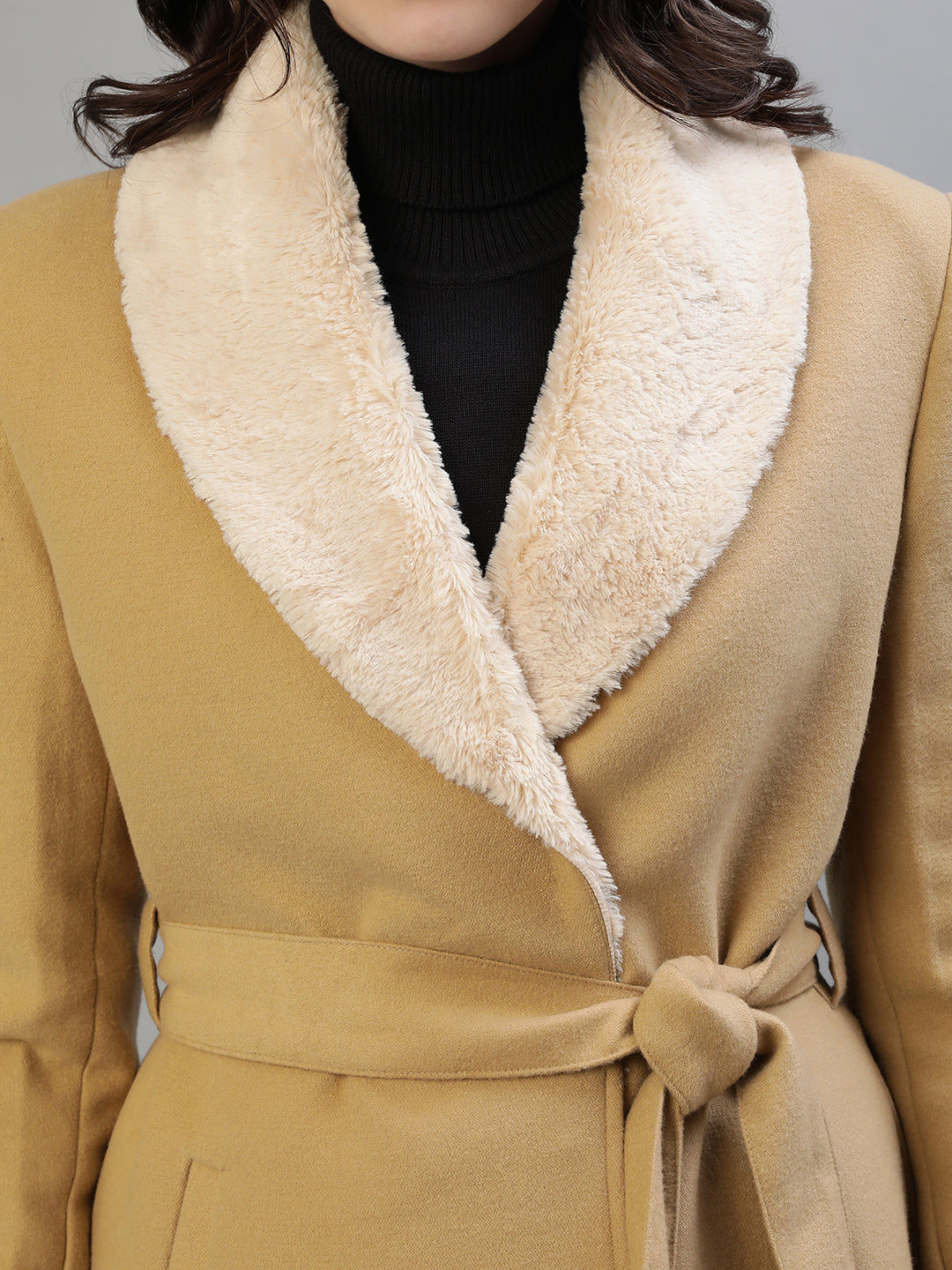 Iconic Women Beige Solid Shawl Collar Full Sleeves Coat