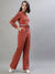 Iconic Women Rust Solid High Neck Full Sleeves Jumpsuit