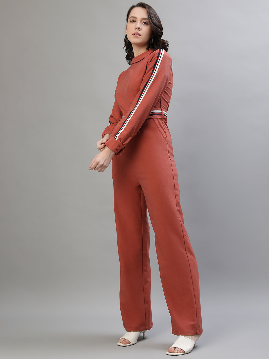 Iconic Women Rust Solid High Neck Full Sleeves Jumpsuit