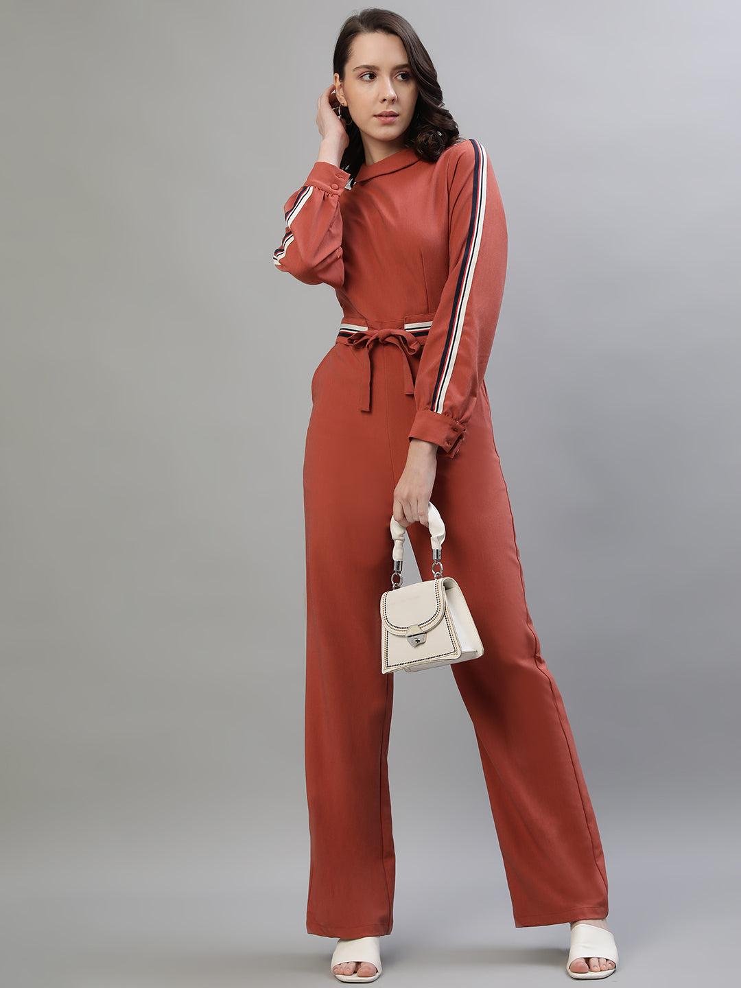 Iconic Women Rust Solid High Neck Full Sleeves Jumpsuit