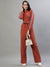 Iconic Women Rust Solid High Neck Full Sleeves Jumpsuit