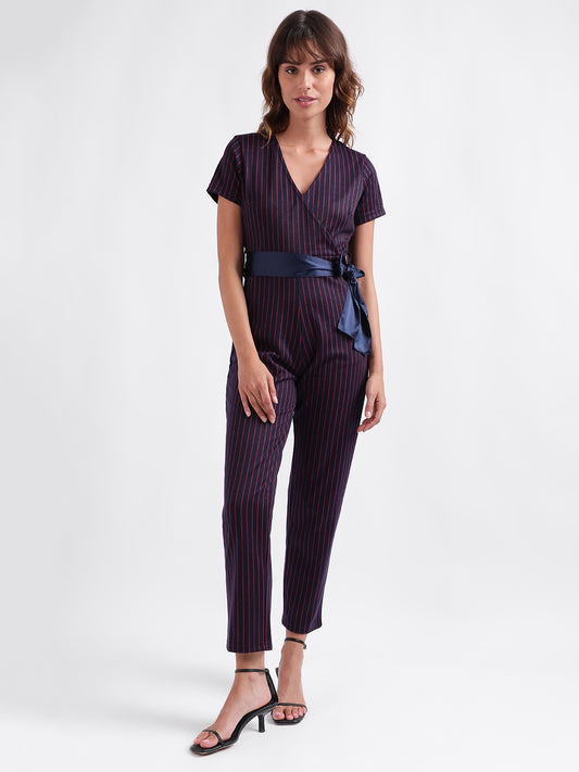 Iconic Women Navy Blue Striped V-Neck Short Sleeves Jumpsuit