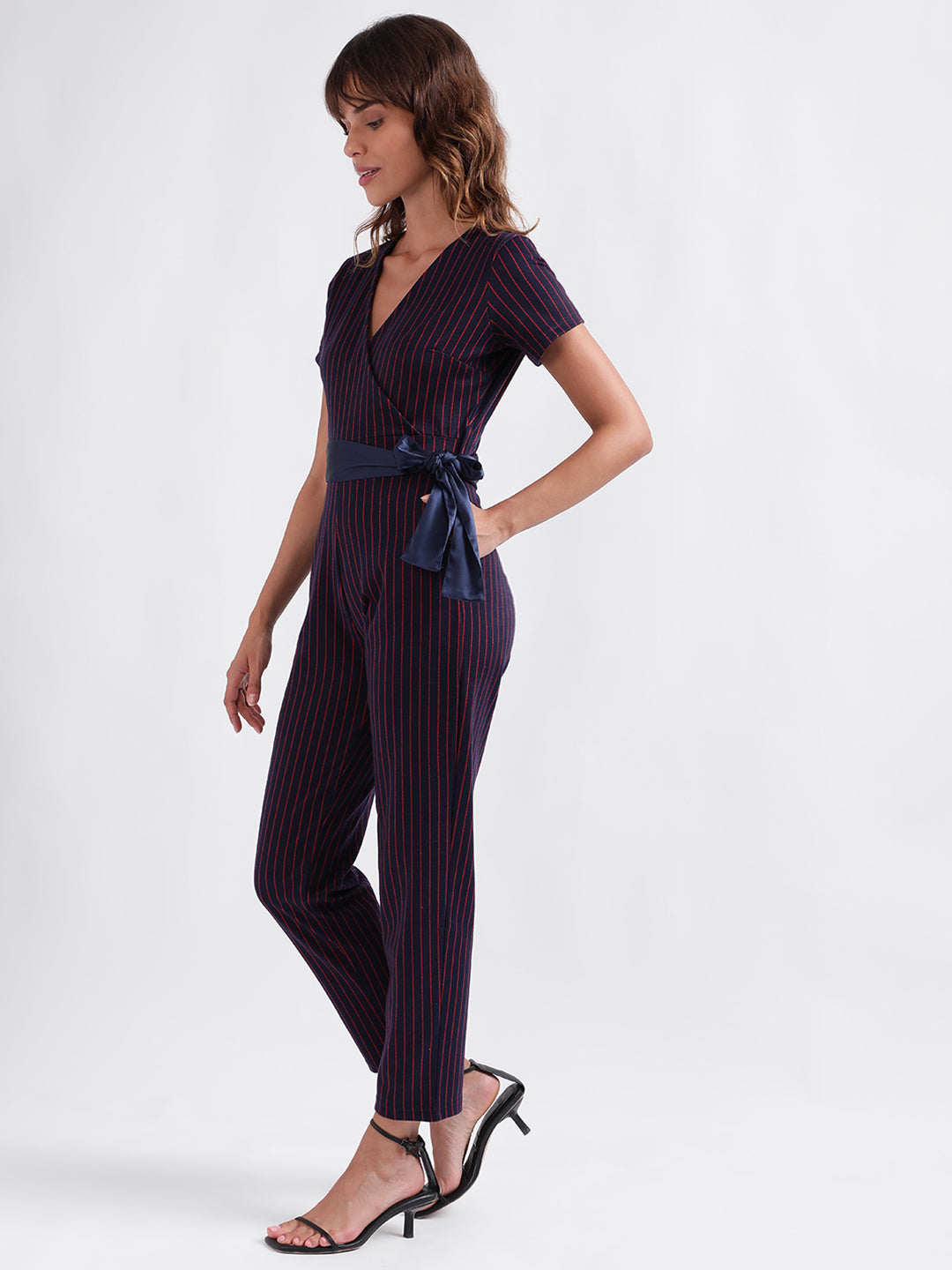 Iconic Women Navy Blue Striped V-Neck Short Sleeves Jumpsuit