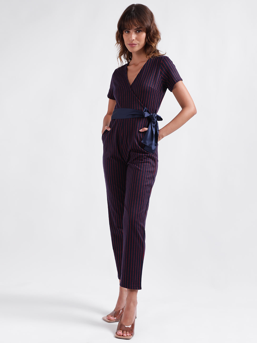 Iconic Women Navy Blue Striped V-Neck Short Sleeves Jumpsuit