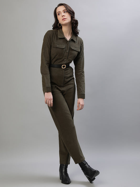 Iconic Women Green Solid Spread Collar Full Sleeves Jumpsuit