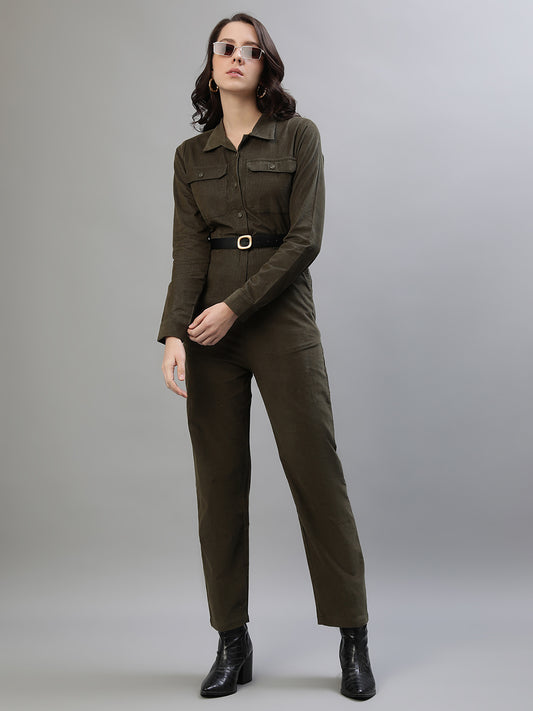 Iconic Women Green Solid Spread Collar Full Sleeves Jumpsuit