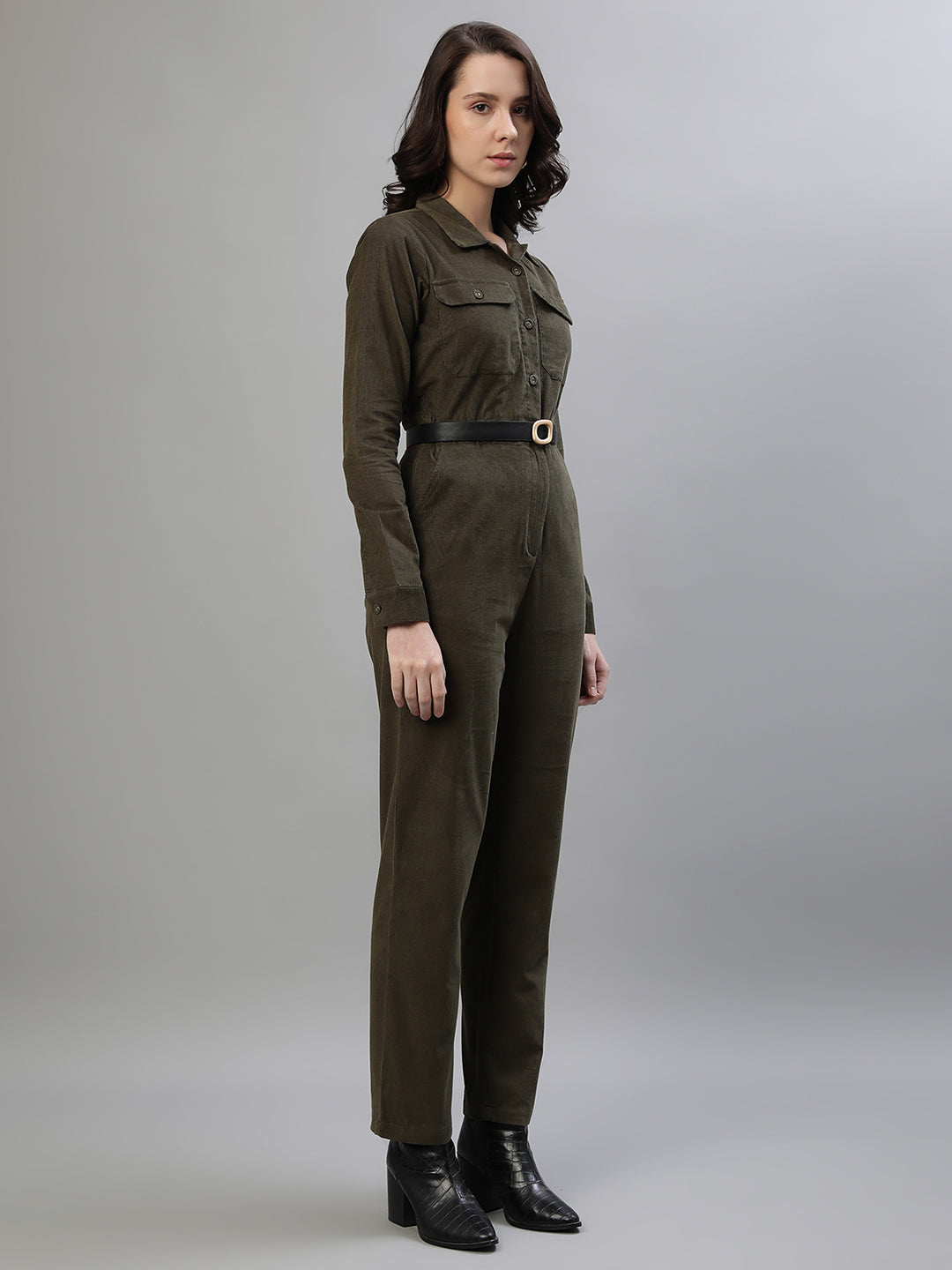 Iconic Women Green Solid Spread Collar Full Sleeves Jumpsuit