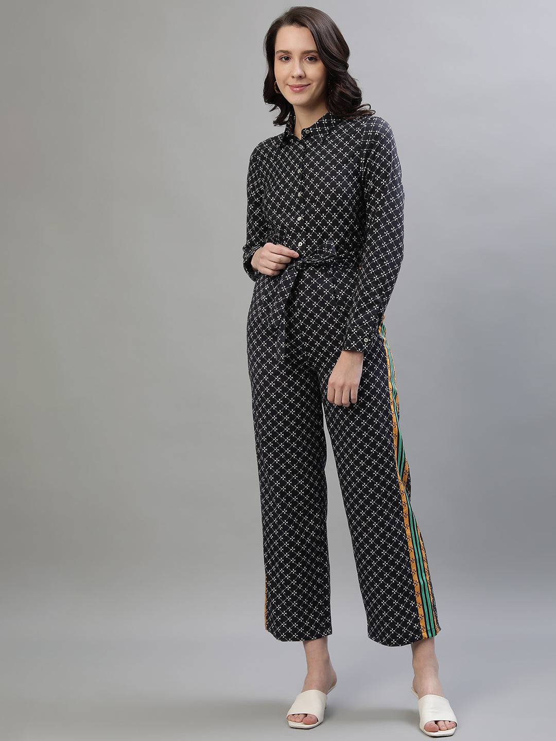 Iconic Women Navy Blue Printed Straight Fit Mid-Rise Trouser