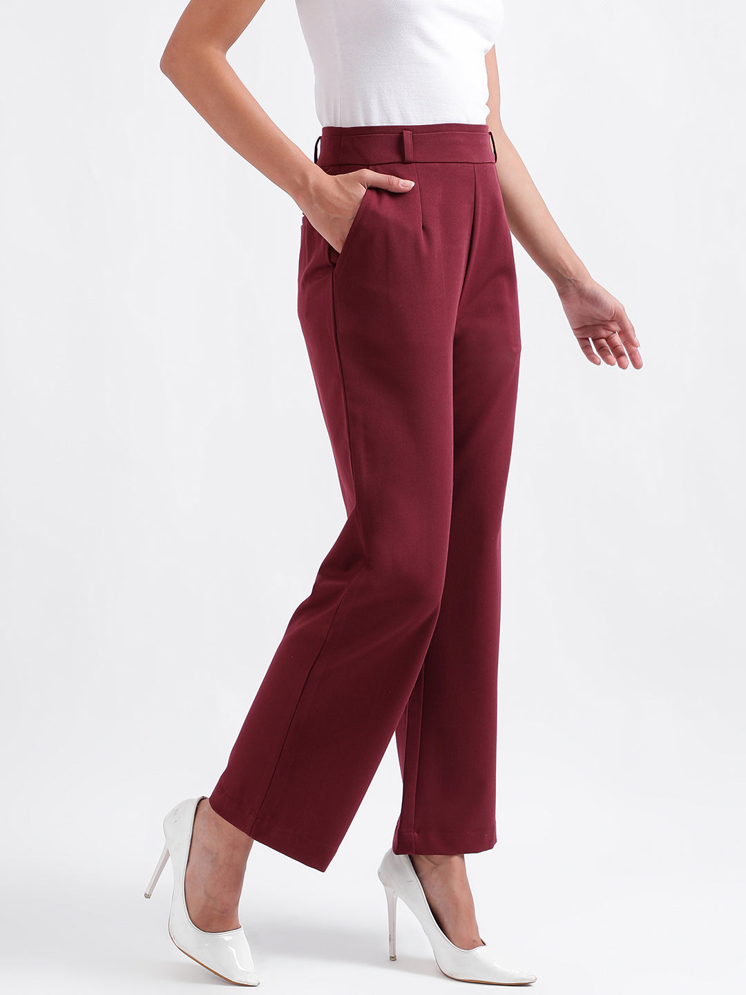 Iconic Women Wine Solid Regular Fit Mid-Rise Trouser