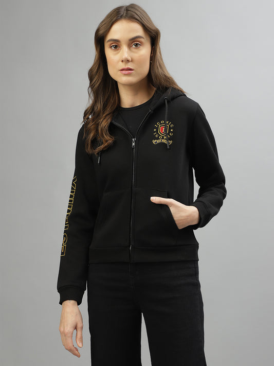 Iconic Women Black Solid Hooded Full Sleeves Jacket