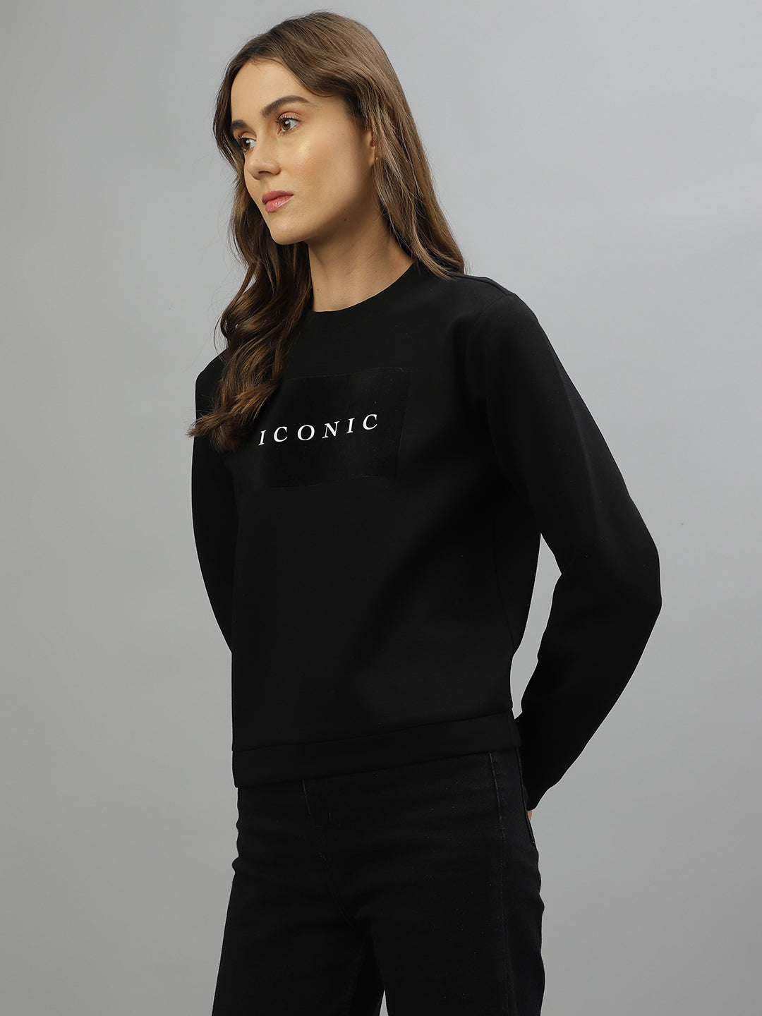 Iconic Women Black Solid Round Neck Full Sleeves Sweatshirt