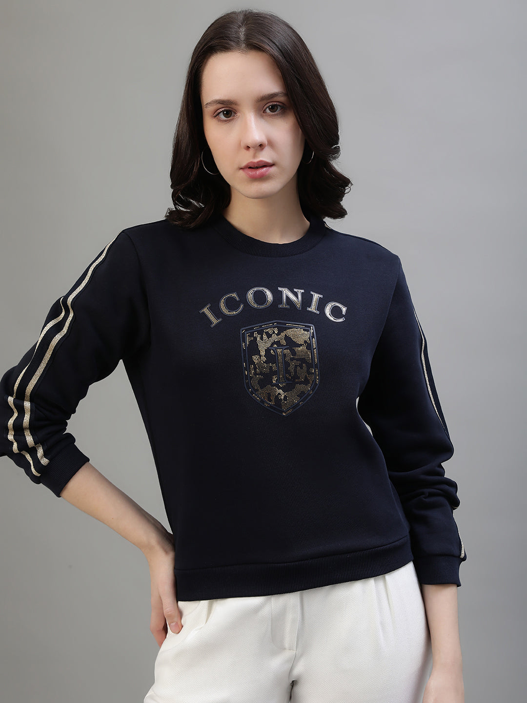 Iconic Women Navy Blue Printed Round Neck Full Sleeves Sweatshirt