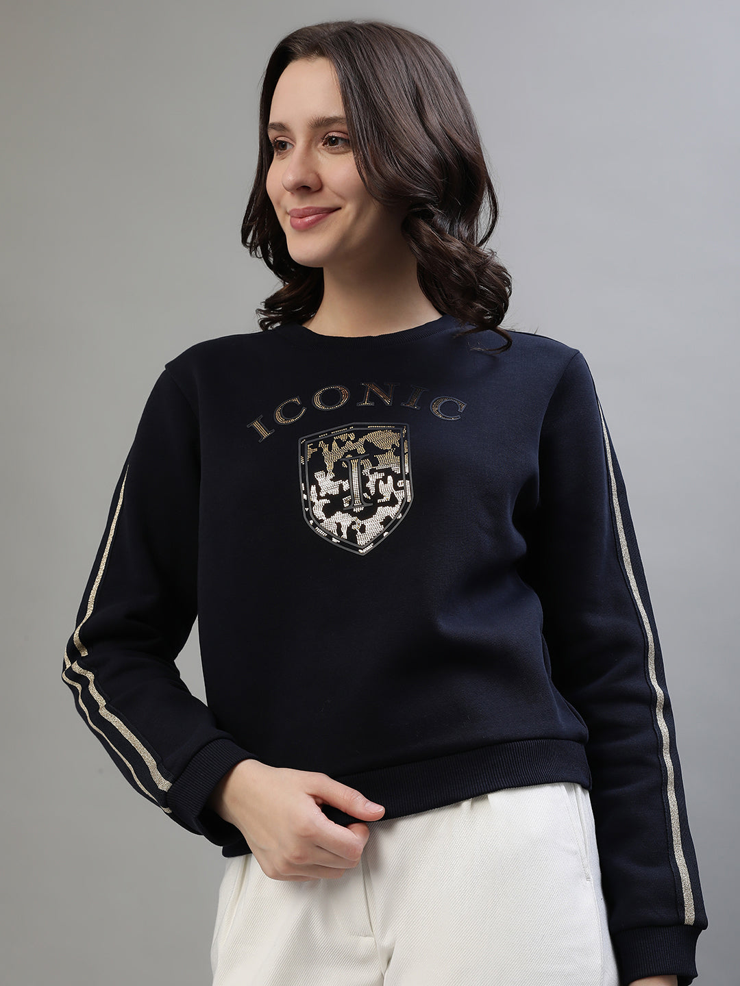 Iconic Women Navy Blue Printed Round Neck Full Sleeves Sweatshirt