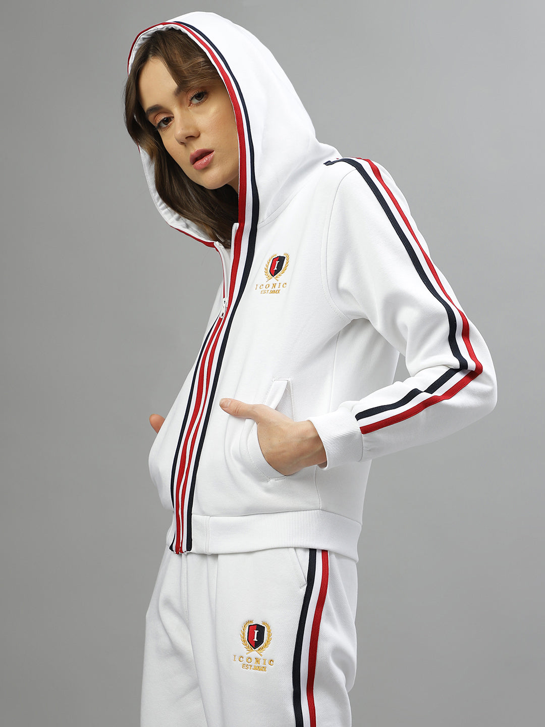 Iconic Women White Solid Hooded Full Sleeves Jacket