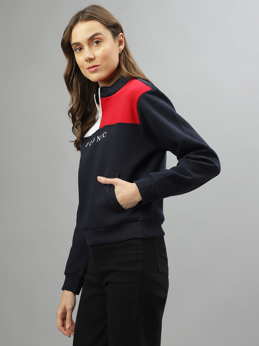 Iconic Women Multicolor Colorblocked Stand Collar Full Sleeves Sweatshirt