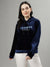 Iconic Women Navy Blue Solid Hooded Full Sleeves Sweatshirt