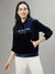 Iconic Women Navy Blue Solid Hooded Full Sleeves Sweatshirt