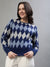 Iconic Women Blue Printed Round Neck Full Sleeves Sweater