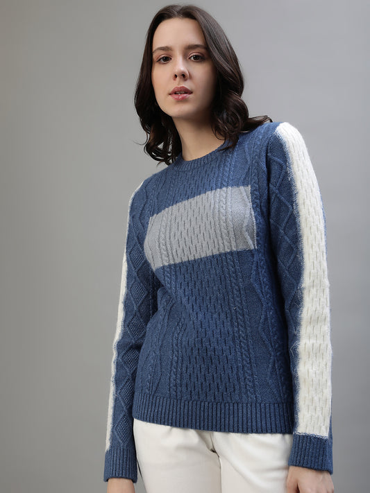 Iconic Women Blue Colorblocked Round Neck Full Sleeves Sweater