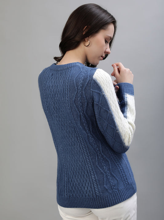 Iconic Women Blue Colorblocked Round Neck Full Sleeves Sweater