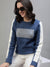 Iconic Women Blue Colorblocked Round Neck Full Sleeves Sweater