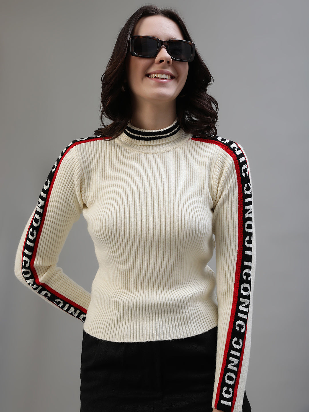 Iconic Women Cream Solid Turtle Neck Full Sleeves Sweater