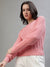 Iconic Women Pink Woven Round Neck Full Sleeves Sweater