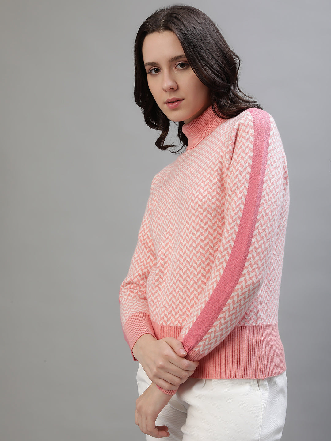 Iconic Women Pink Printed Turtle Neck Full Sleeves Sweater