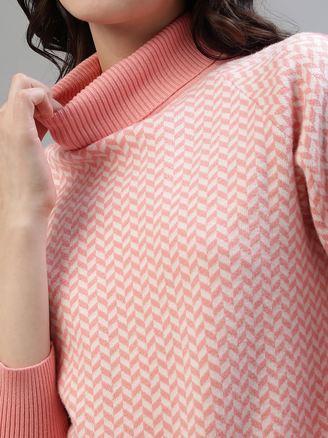 Iconic Women Pink Printed Turtle Neck Full Sleeves Sweater