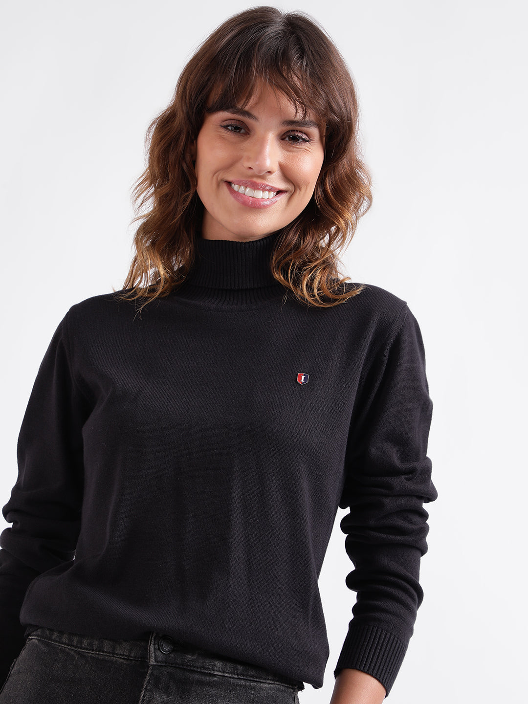 Iconic Women Black Solid High Neck Full Sleeves Sweater