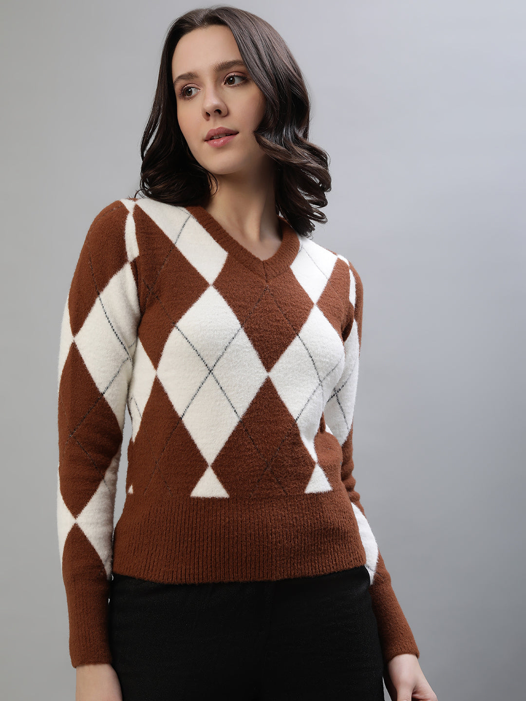 Iconic Women Brown Printed V-Neck Full Sleeves Sweater