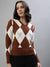 Iconic Women Brown Printed V-Neck Full Sleeves Sweater