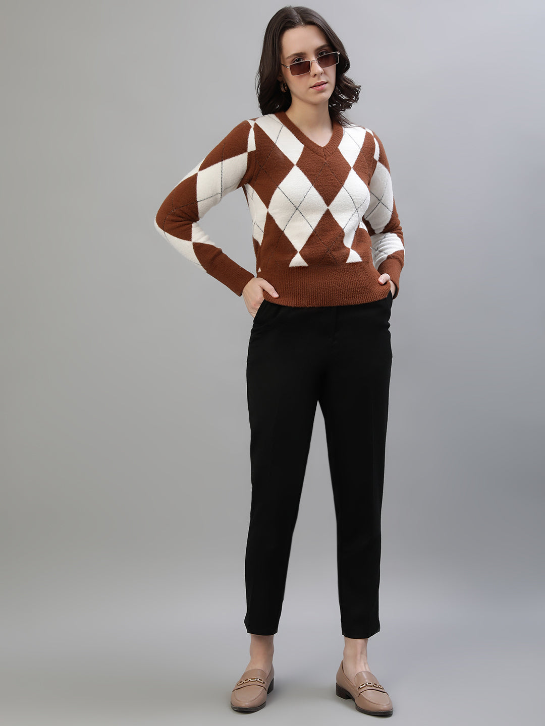 Iconic Women Brown Printed V-Neck Full Sleeves Sweater