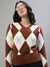 Iconic Women Brown Printed V-Neck Full Sleeves Sweater