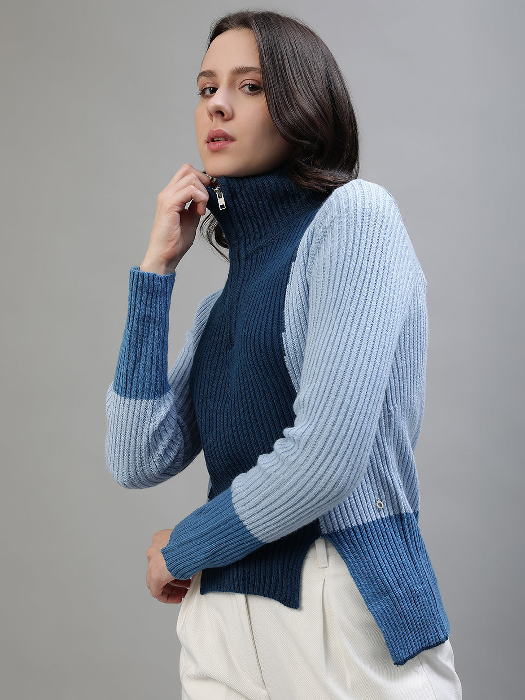 Iconic Women Blue Colorblocked High Neck Full Sleeves Sweater