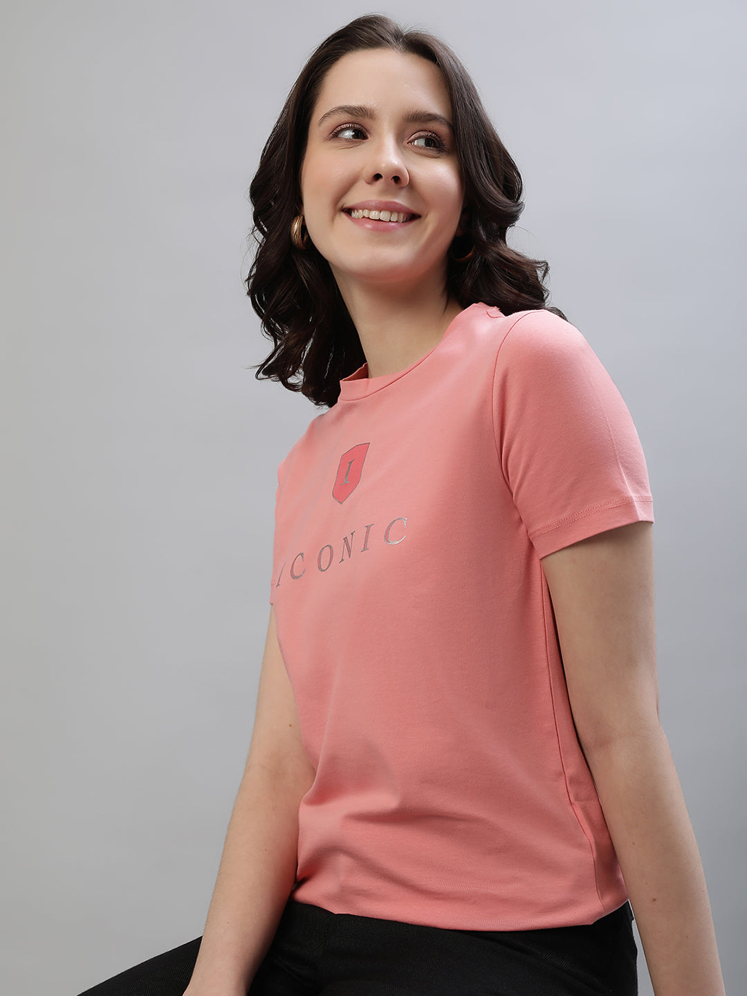 Iconic Women Pink Solid Round Neck Short Sleeves T-Shirt