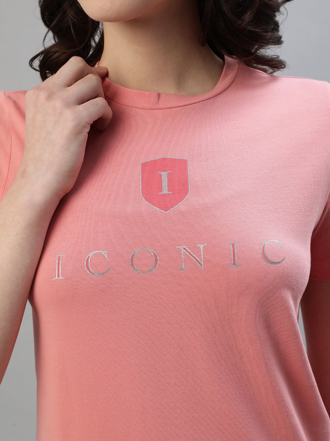 Iconic Women Pink Solid Round Neck Short Sleeves T-Shirt