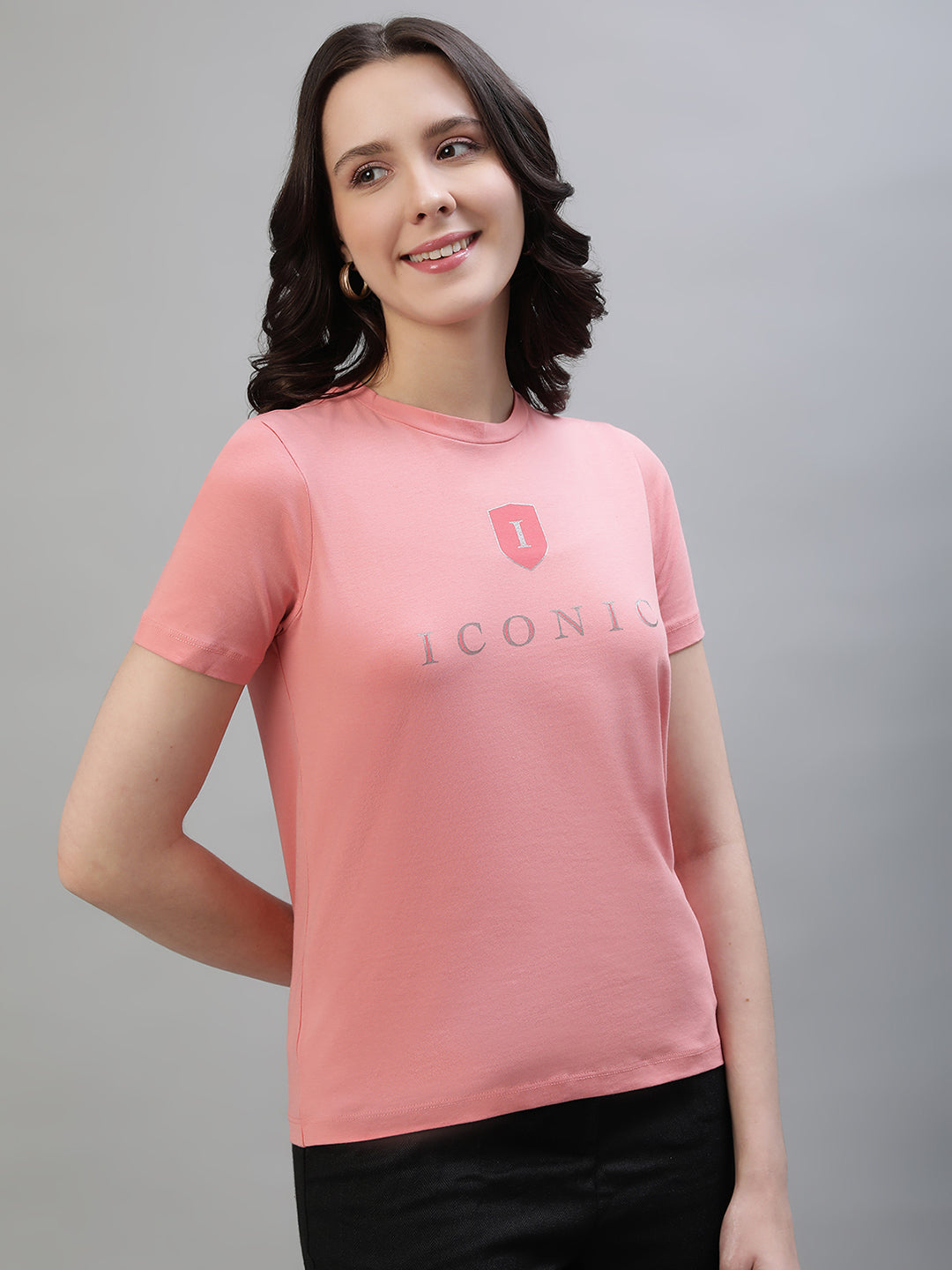 Iconic Women Pink Solid Round Neck Short Sleeves T-Shirt