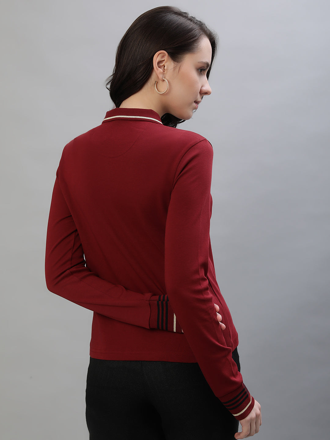 Iconic Women Red Solid Polo Collar Full Sleeves T-Shirt