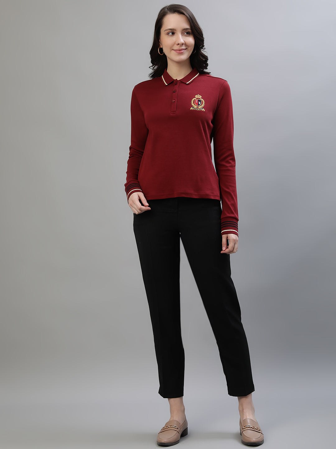 Iconic Women Red Solid Polo Collar Full Sleeves T-Shirt