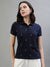 Iconic Women Navy Blue Printed Polo Collar Short Sleeves T-Shirt