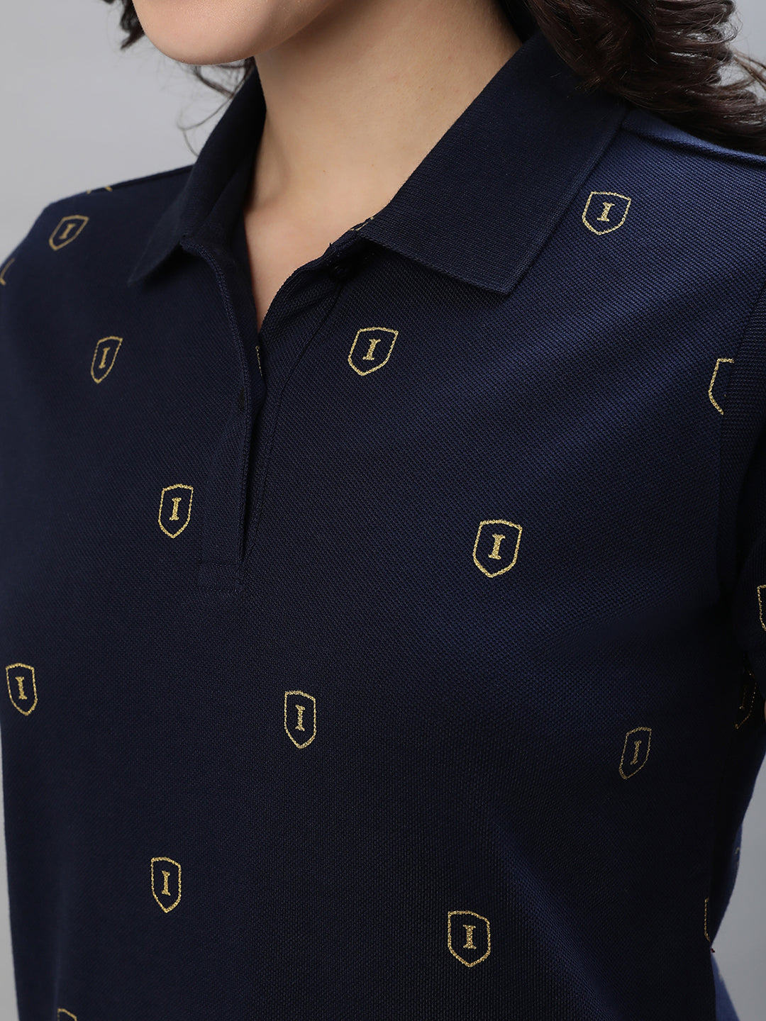 Iconic Women Navy Blue Printed Polo Collar Short Sleeves T-Shirt